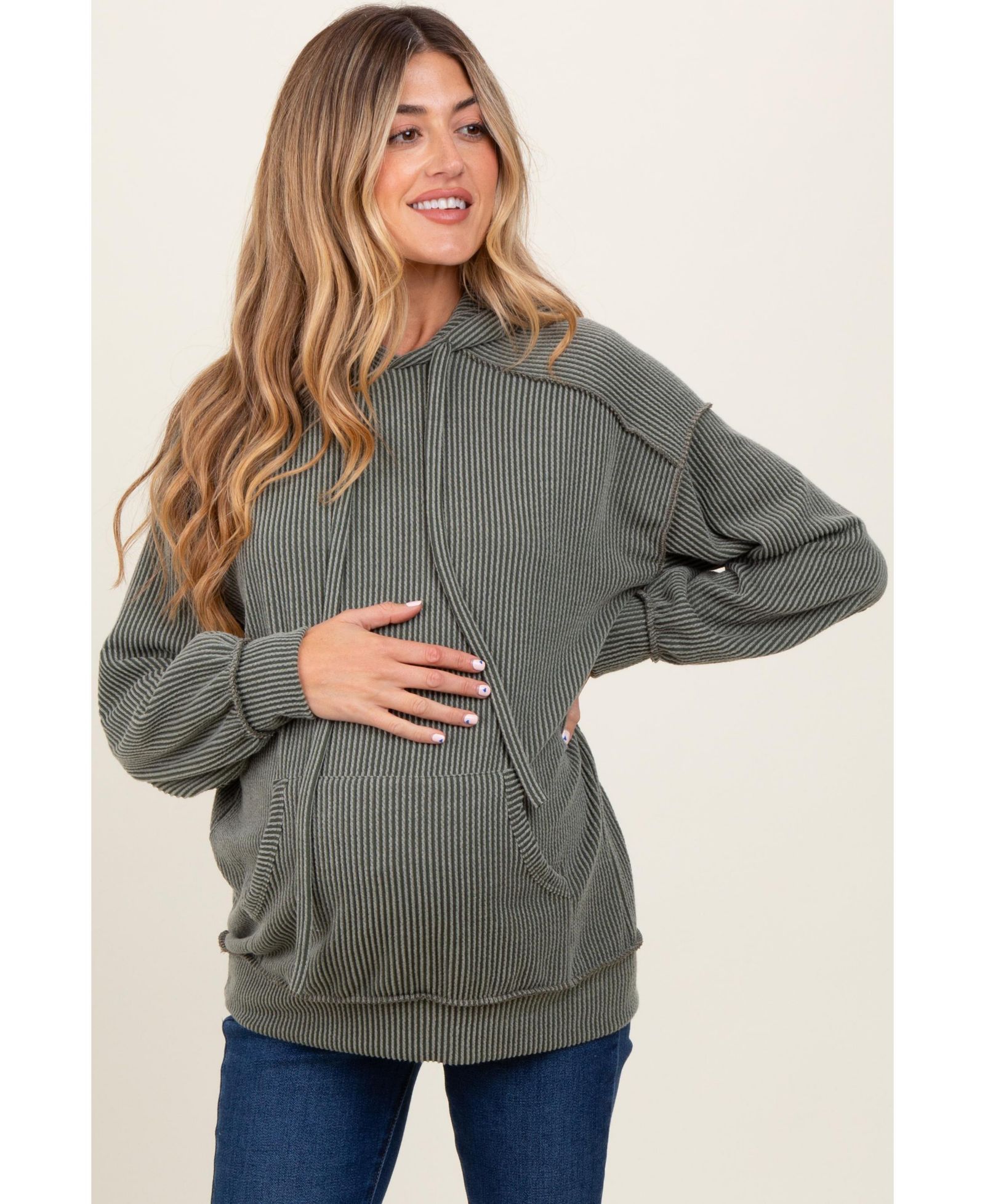 Pinkblush Women's Charcoal Ribbed Front Pocket Drawstring Hoodie