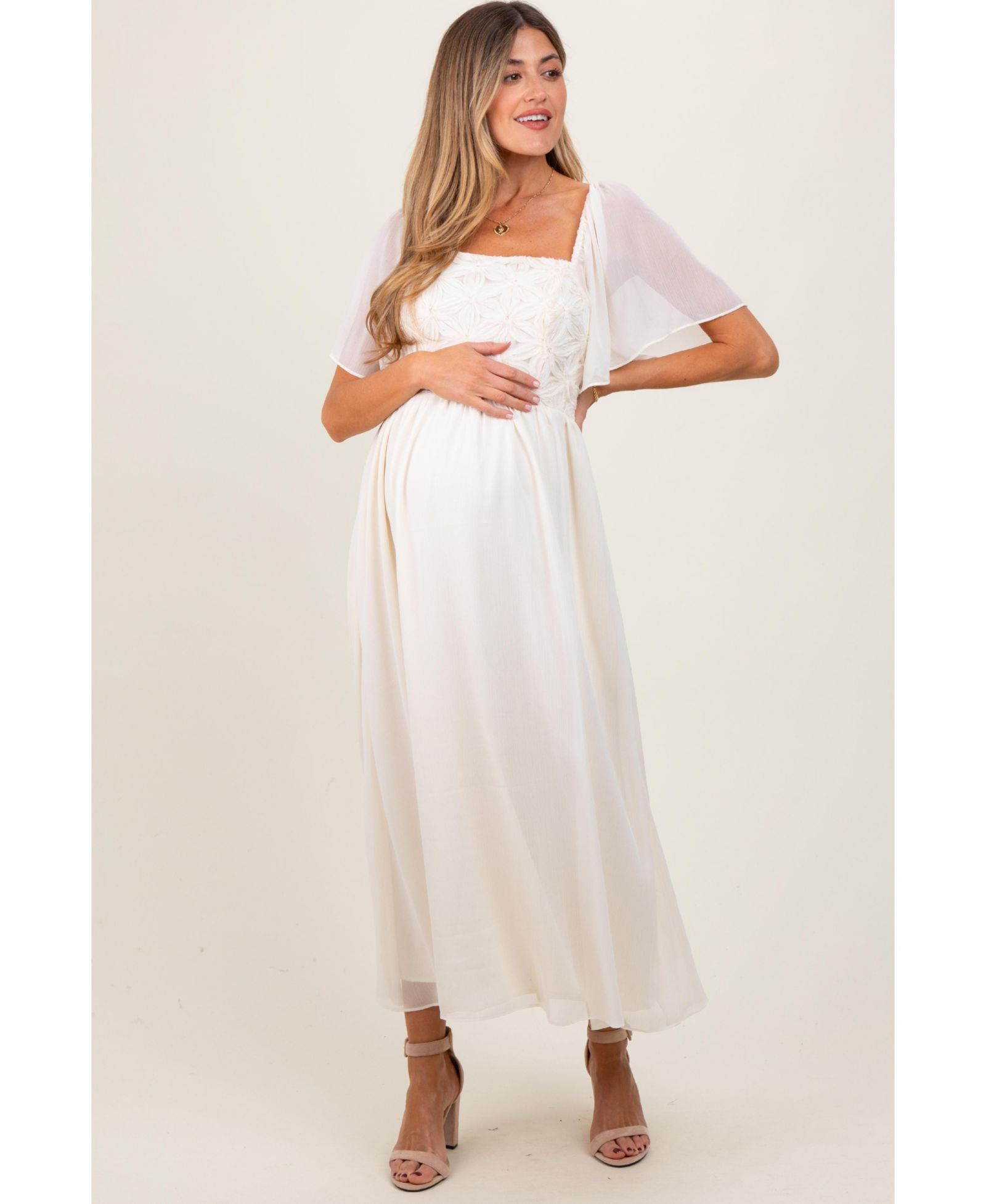 Pinkblush Women's Cream Floral Applique Flutter Sleeved Midi Dress
