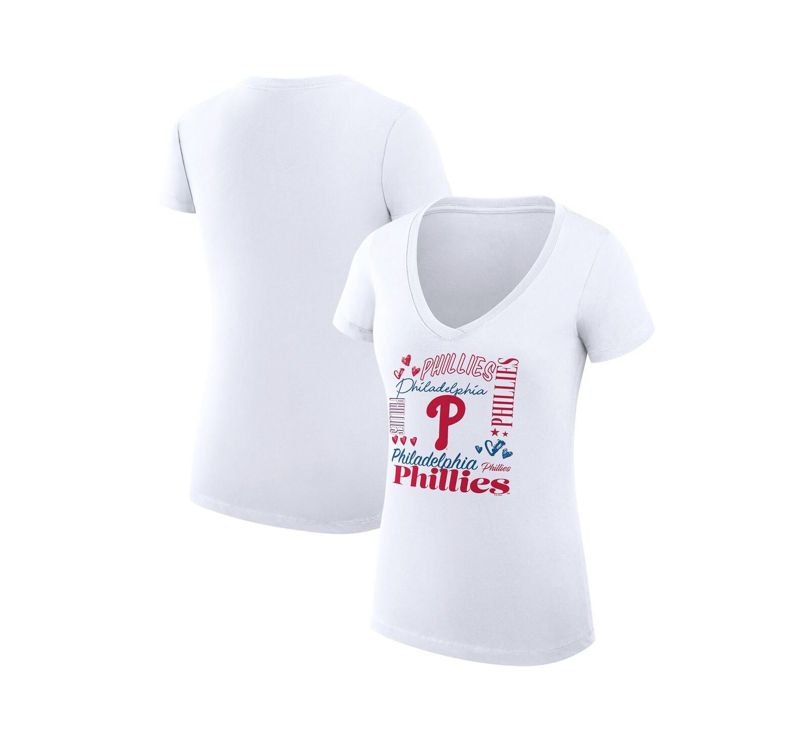 G-III 4Her by Carl Banks Women's White Philadelphia Phillies Super-Slim Fit Lightweight Collage Team Graphic V-Neck T-Shirt