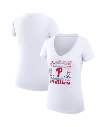 G-III 4Her by Carl Banks Women's White Philadelphia Phillies Super-Slim Fit Lightweight Collage Team Graphic V-Neck T-Shirt