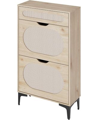 Rattan Shoe Cabinet with 2 Flip Drawers and 1 Pull-Out Drawer, 3-Position Adjustable Shelf, Narrow Shoe Cabinet for Entryway/Porch, Oak