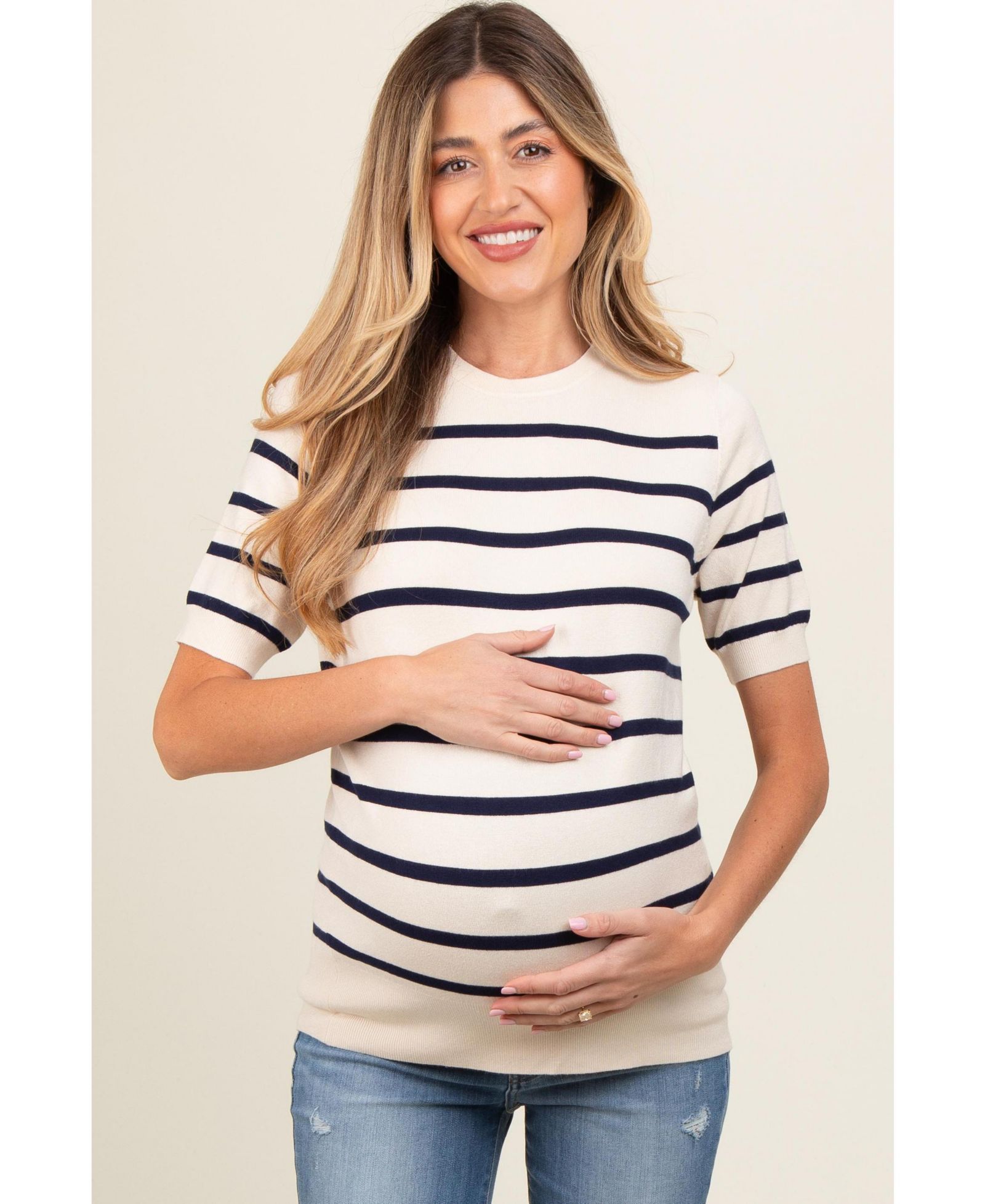 Pinkblush Women's Brown Striped Knit Short Sleeve Top