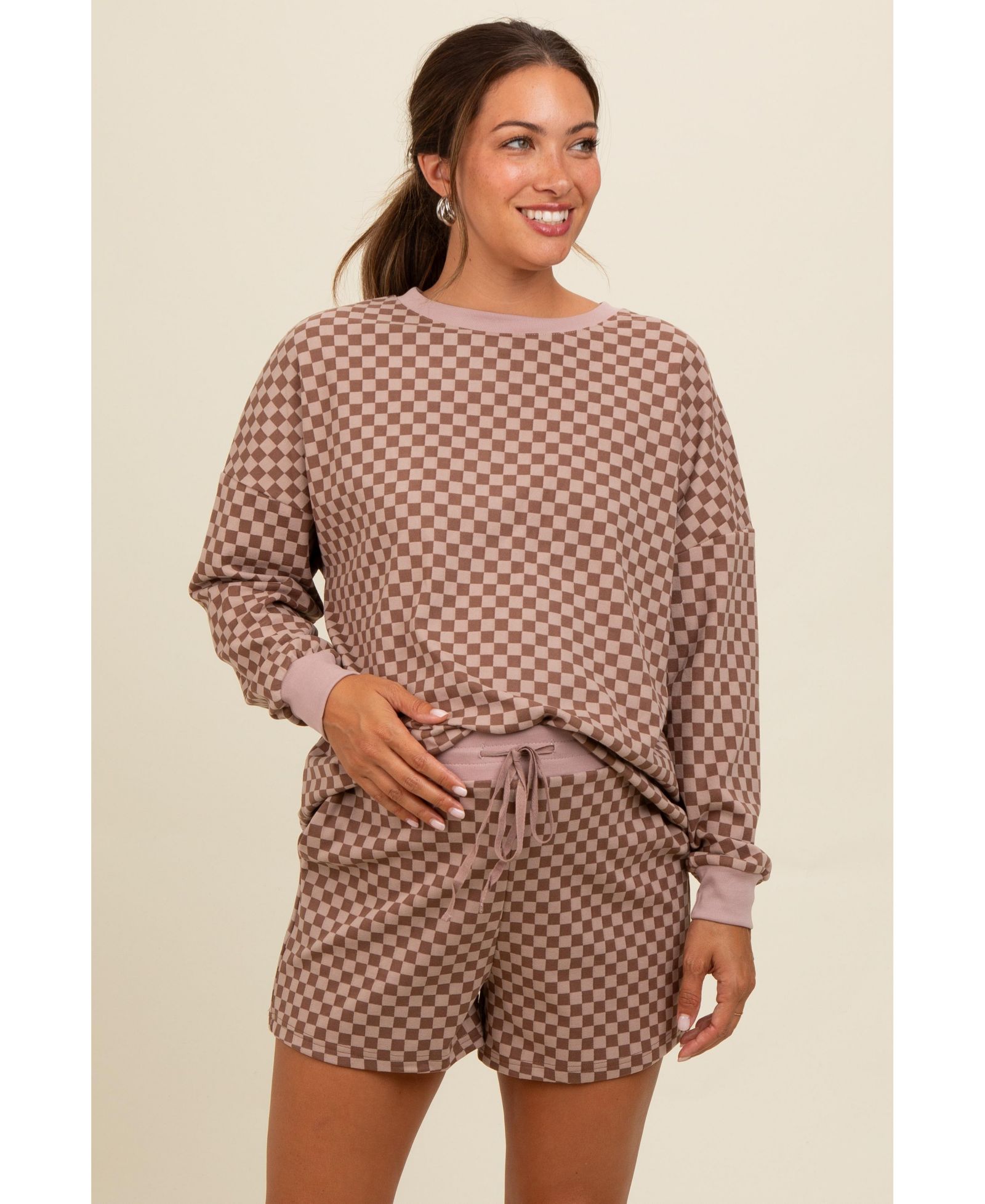 Pinkblush Women's Mocha Checkered Plaid Pullover Shorts Set