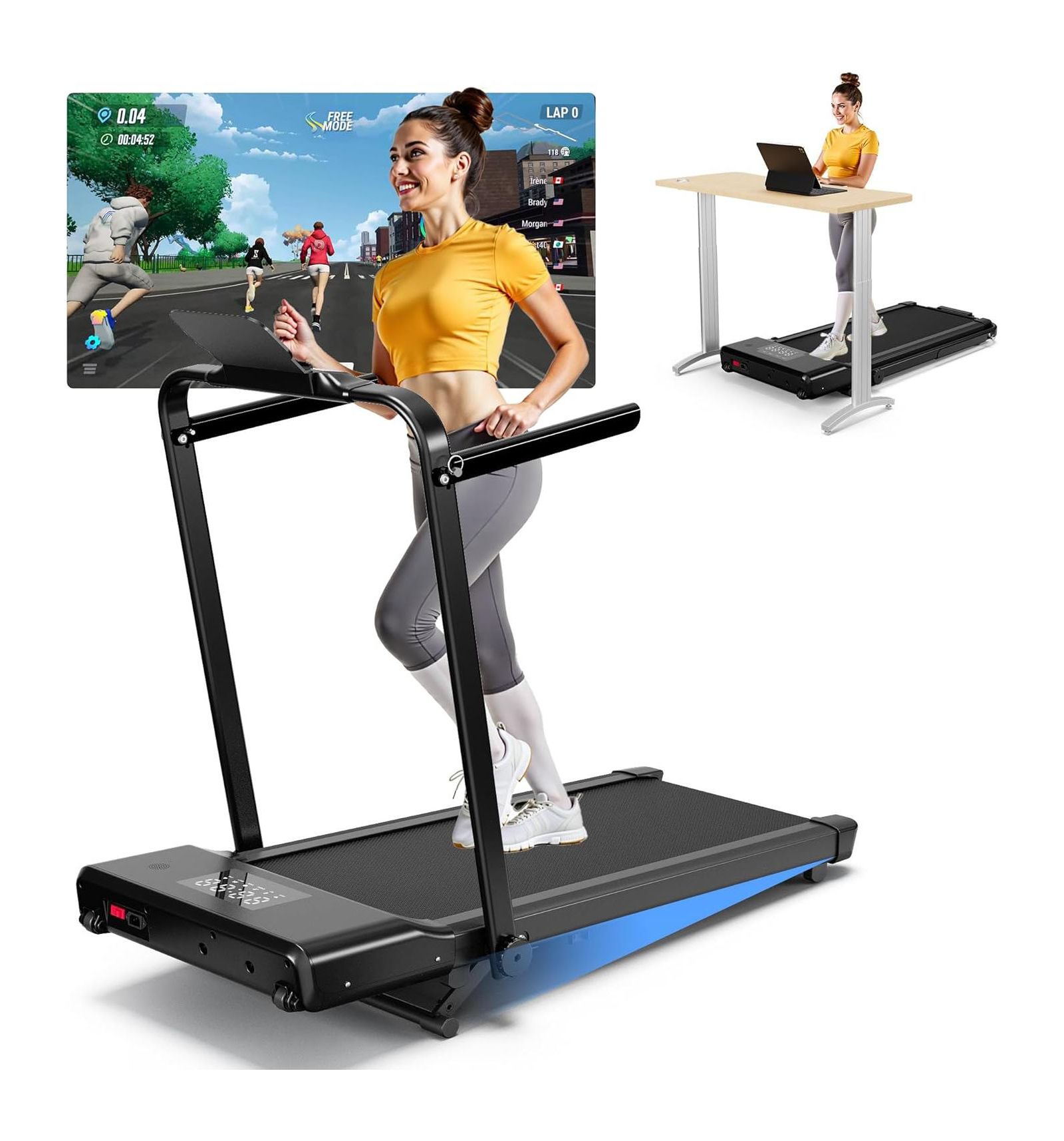3-in-1 treadmill w/ handlebar. 300LB cap, 3.0HP motor, LED display, remote & APP control. Foldable for small home/office spaces.