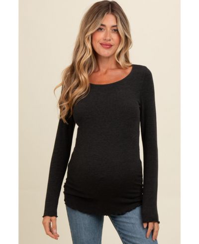 Pinkblush Women's Charcoal Ribbed Knit Long Sleeve Lettuce Hem Top