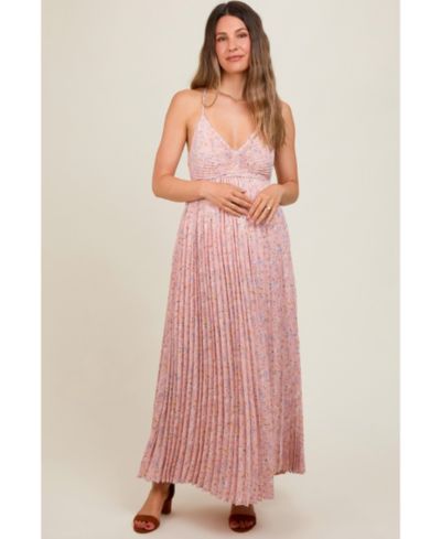 Pinkblush Women's Light Pink Floral Pleated Back Cutout Maxi Dress