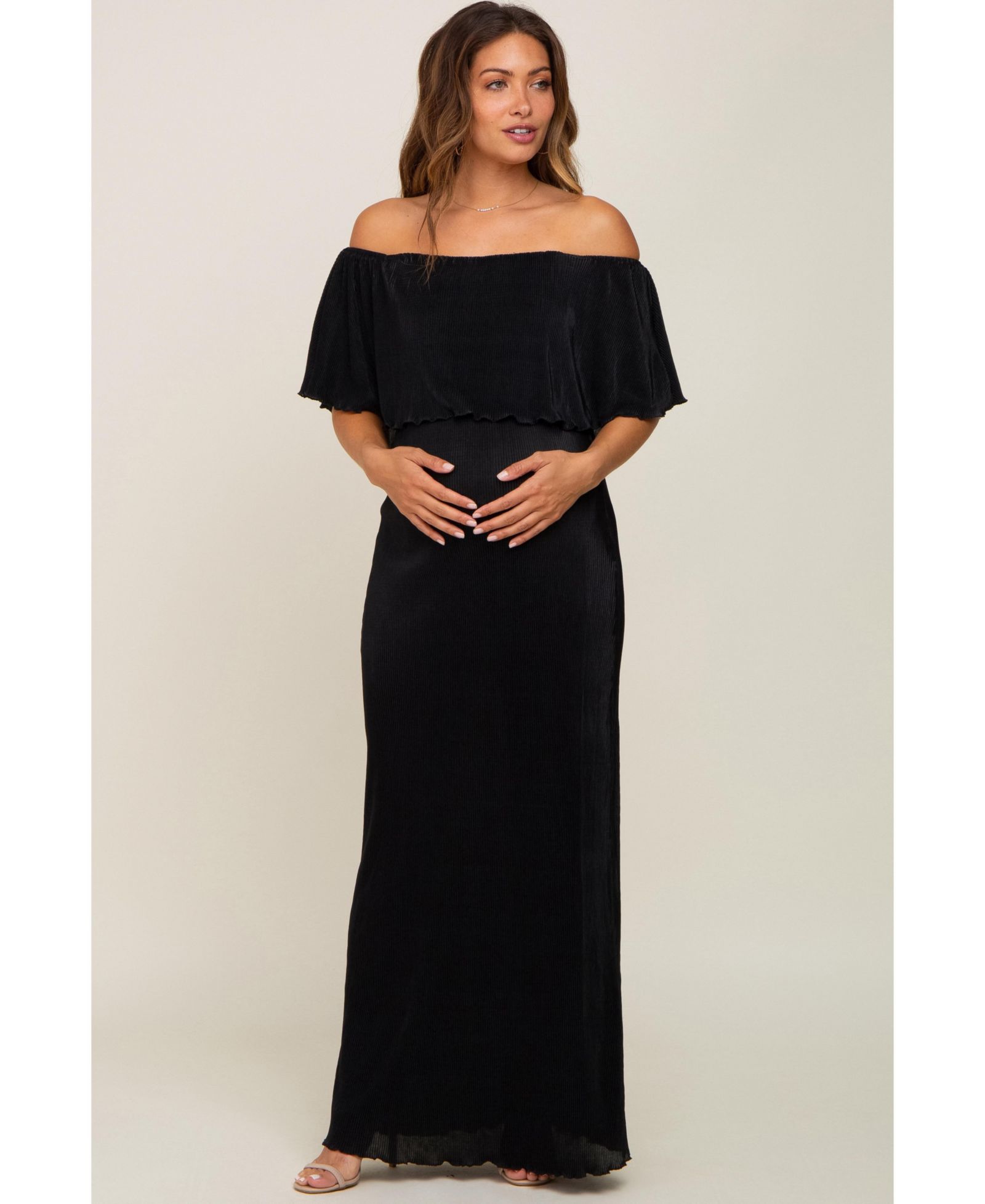 Pinkblush Women's Burgundy Pleated Ruffle Off Shoulder Maxi Dress