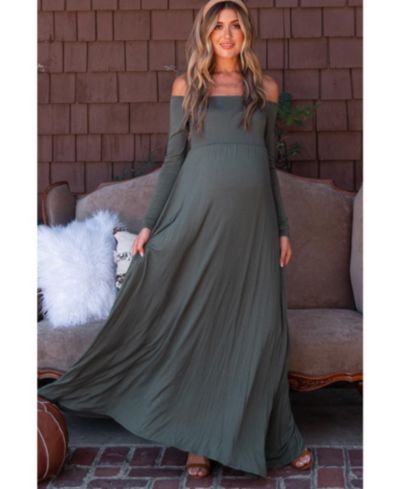 Pinkblush Women's Forest Green Solid Off Shoulder Maxi Dress