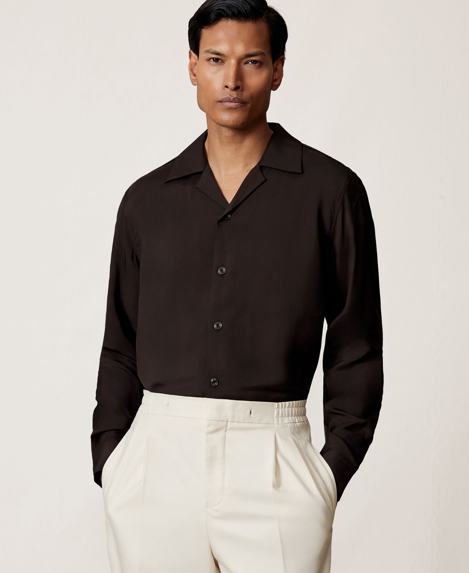 REISS Men's Space Twill Piped Cuban-Collar Shirt
