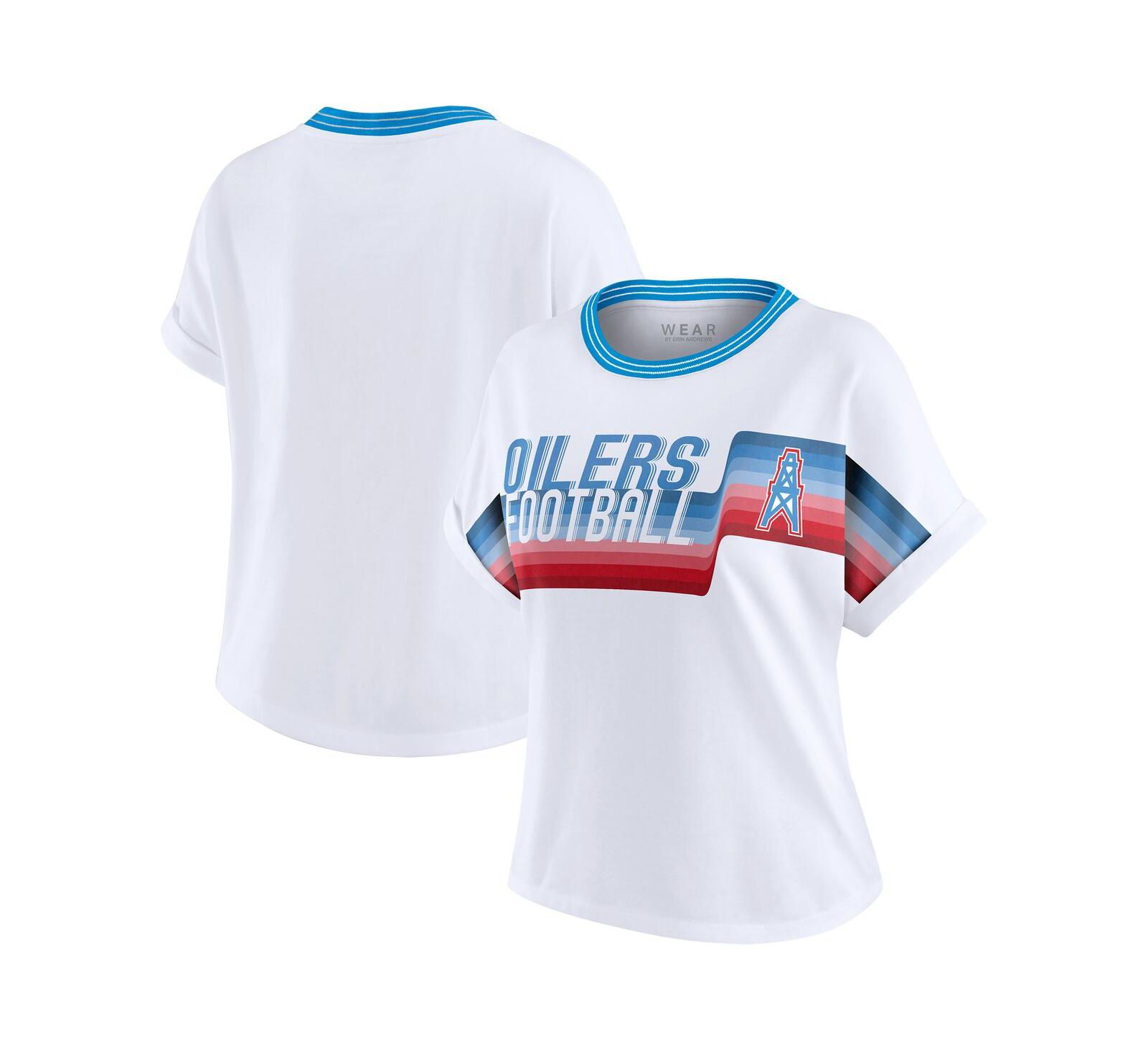 WEAR by Erin Andrews Women's White Houston Oilers Cropped Center Stripe Dolman T-Shirt