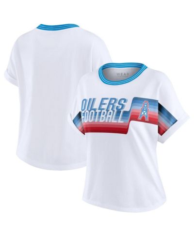 WEAR by Erin Andrews Women's White Houston Oilers Cropped Center Stripe Dolman T-Shirt