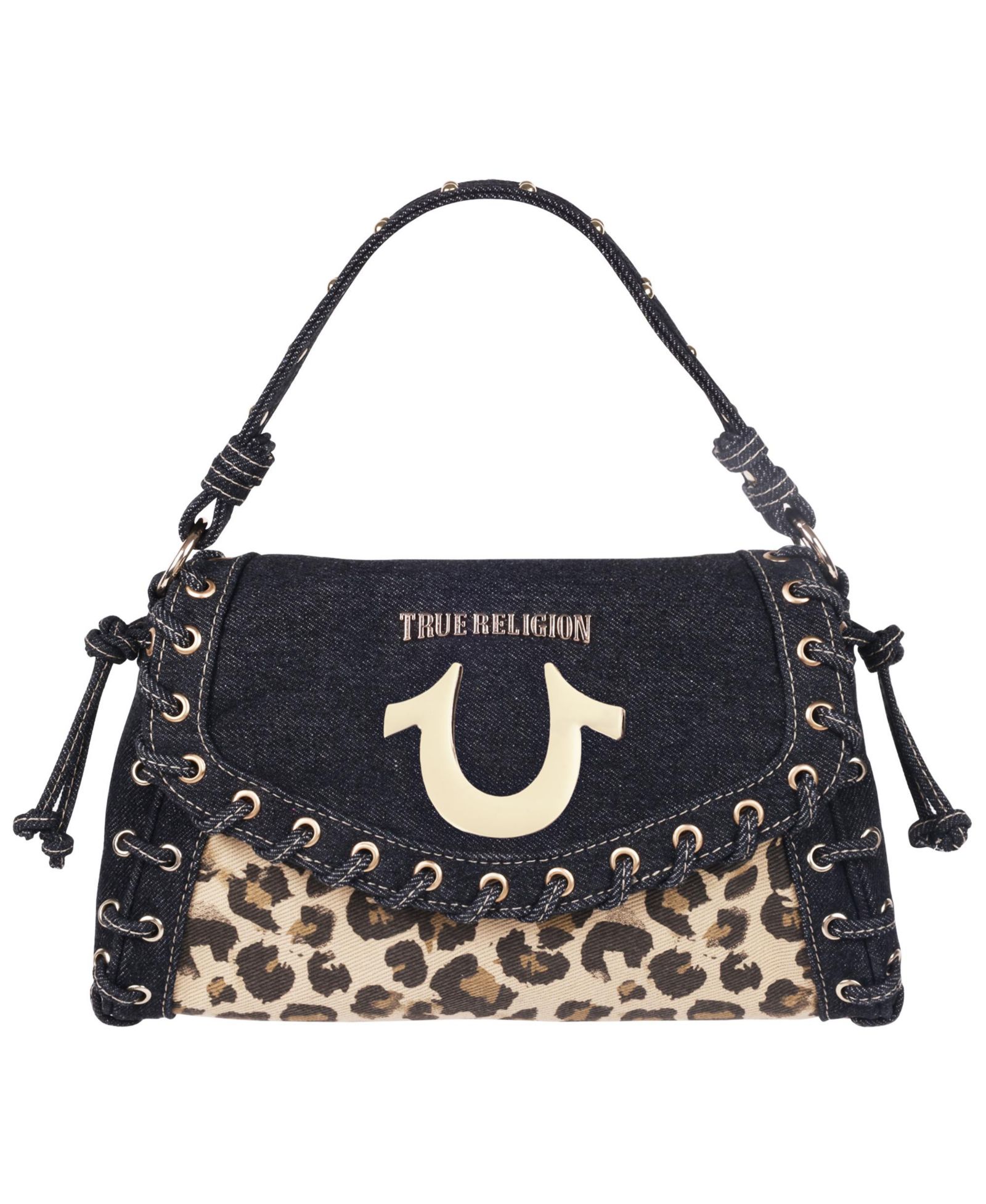 True Religion Denim Leopard Eyelet Trim Flap Bag