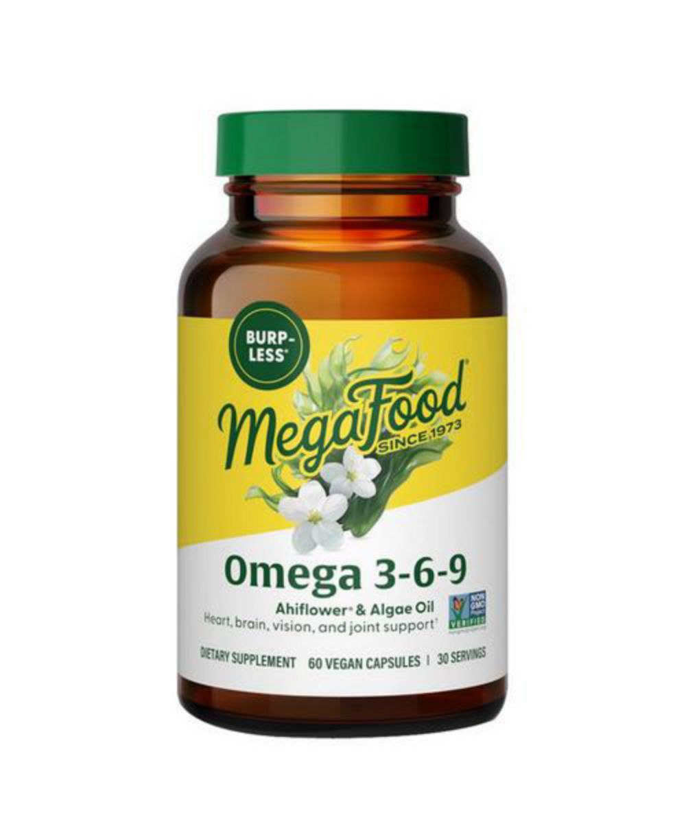MegaFood Algae Omega 3 6 9, Burp-less Omega 3 Supplements, 150 mg DHA Omega 3 Per Serving, 60 Capsules