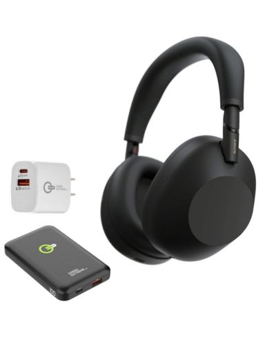 Беспроводные полноразмерные наушники Sony WH-1000XM6 с шумоподавлением, черный с подставкой
