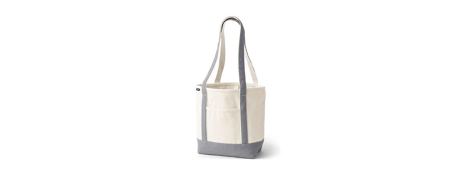 Lands' End Medium 5 Pocket Open Top Long Handle Canvas Tote Bag