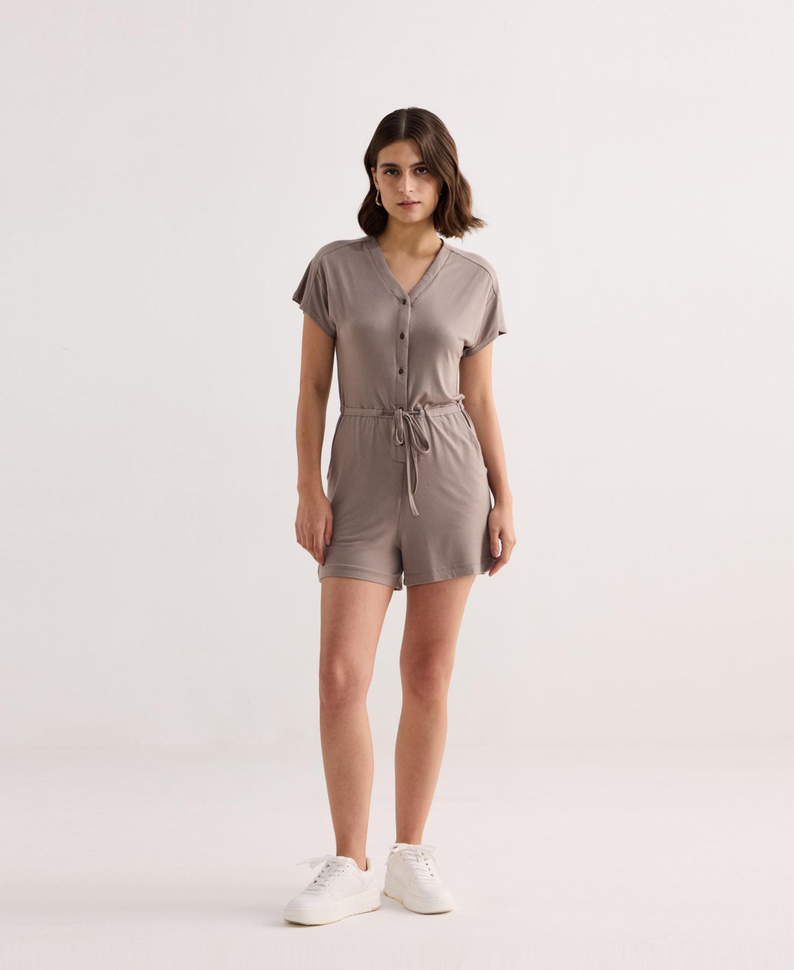 Женский вязаный ромпер Reistor V neck Drawstring Knit в цвете Dusty brown
