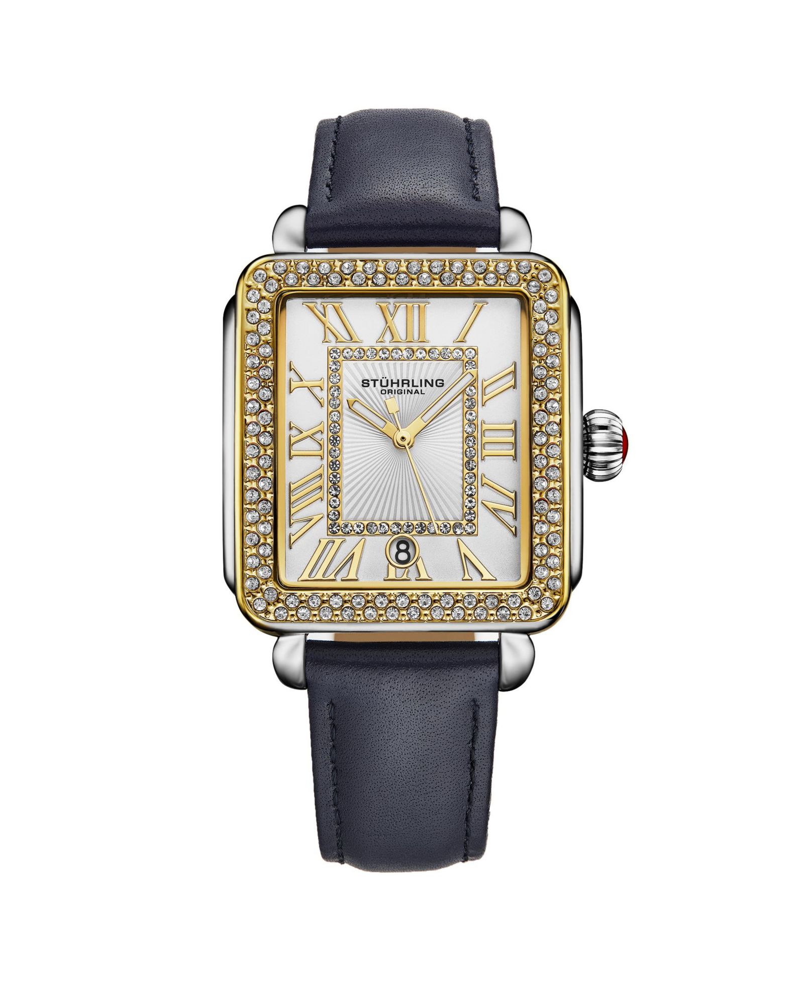 Elegant Women s Rectangular 35x47mm Dress Watch - Model 4060L.4, Gold Crystal Bezel, Silver Case, Blue Leather Strap