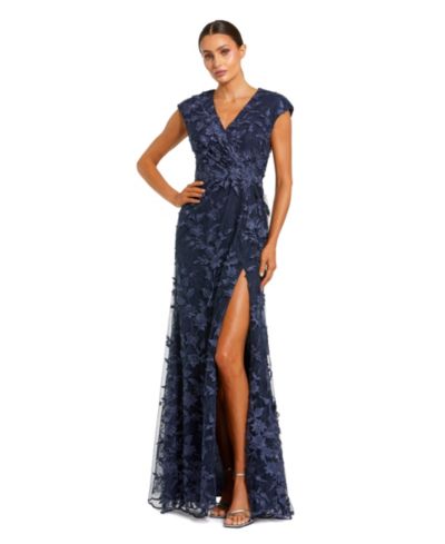 Mac Duggal Women's Faux Wrap Embroidered Cap Sleeve Gown