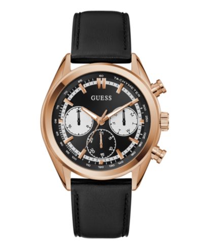 GUESS Men's Rose Gold-Tone Black Leather Multi-Function Watch, 44mm