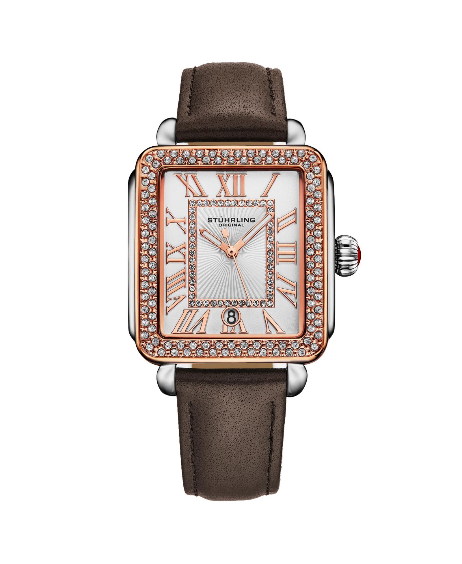Женские прямоугольные часы Stuhrling Elegant 35×47mm Model 4060L.5, Rose Gold Crystal Bezel, Silver Case, Brown Leather Strap