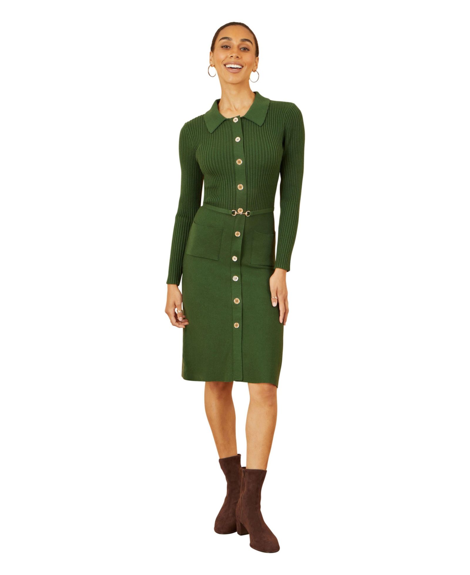 Yumi Women's Belted Rib Knit Midi Dress With Pockets