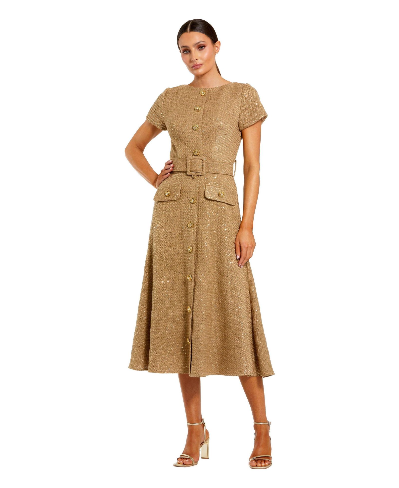 Женское платье миди Mac Duggal Boucle Cap Sleeve High Neck Button Up