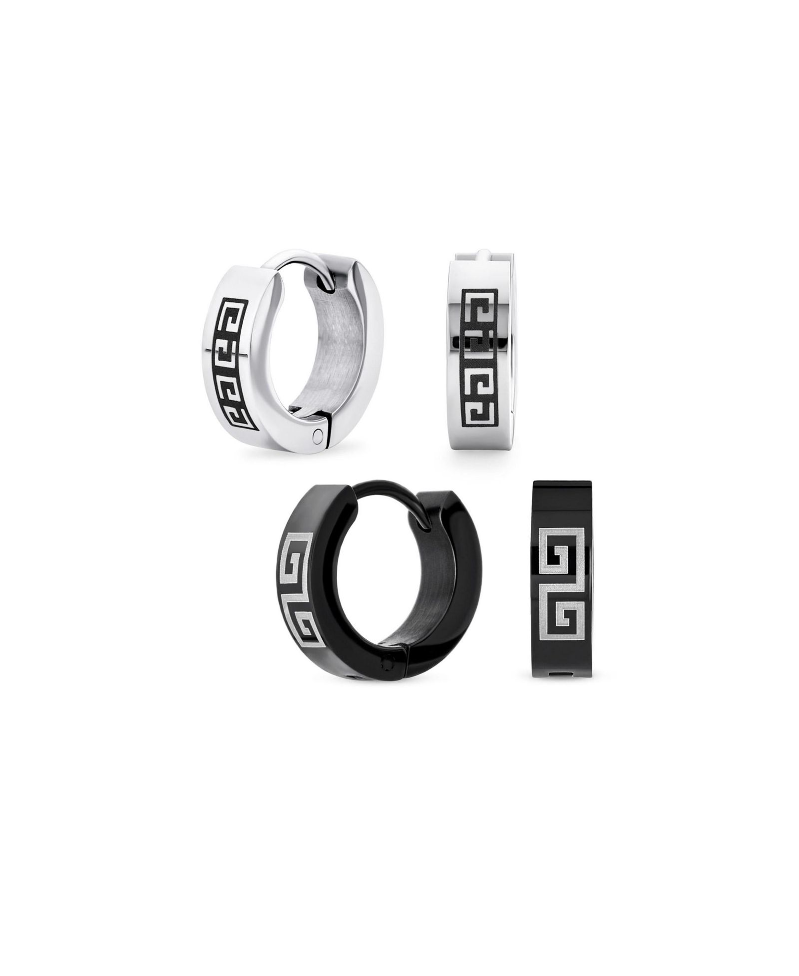 Bling Jewelry комплект из 2 мини-серьг-кольц с узором Greek Key, черное и серебристое стальное полотно