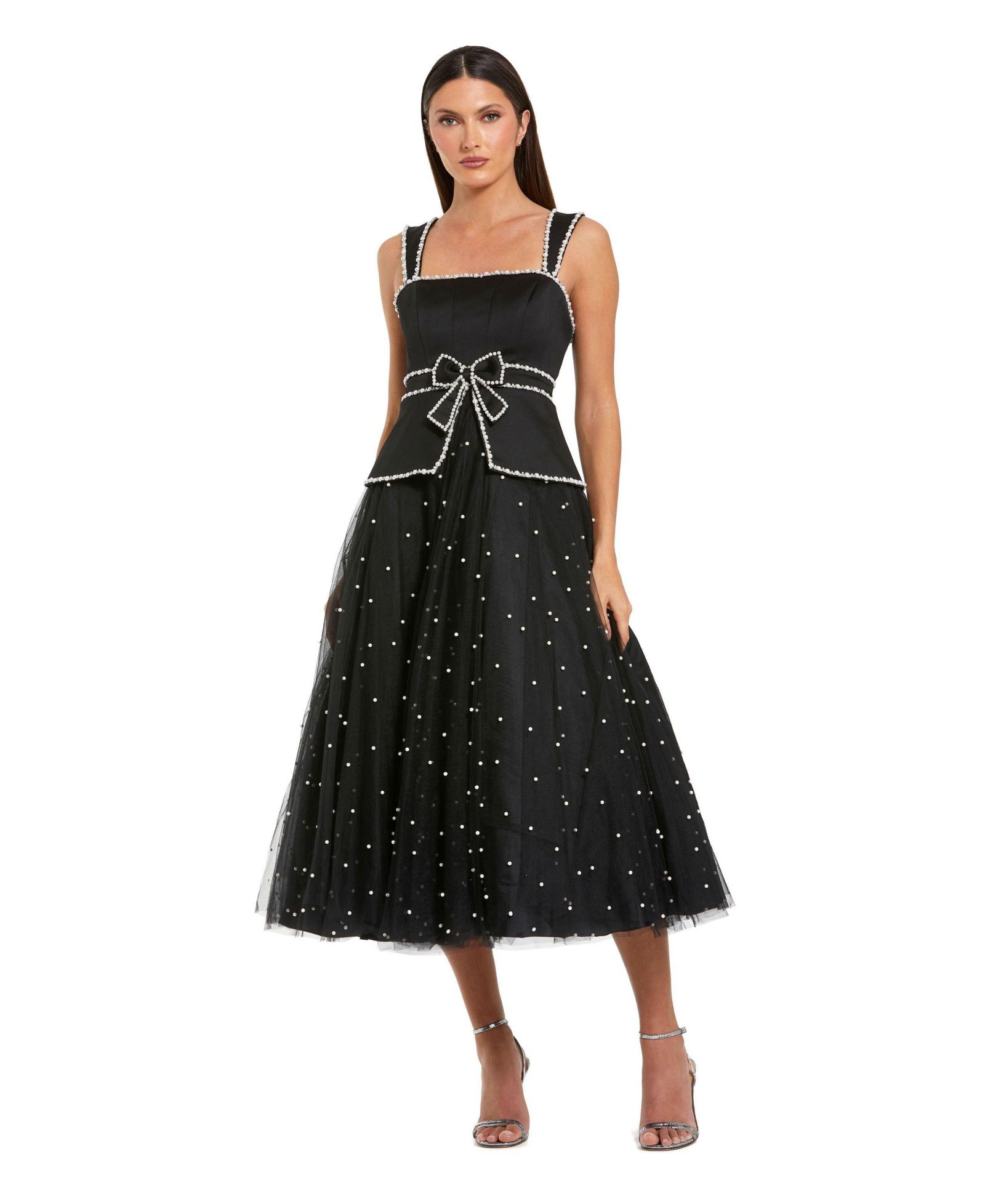 Mac Duggal Женское миди-платье из крепа и тюля без рукавов