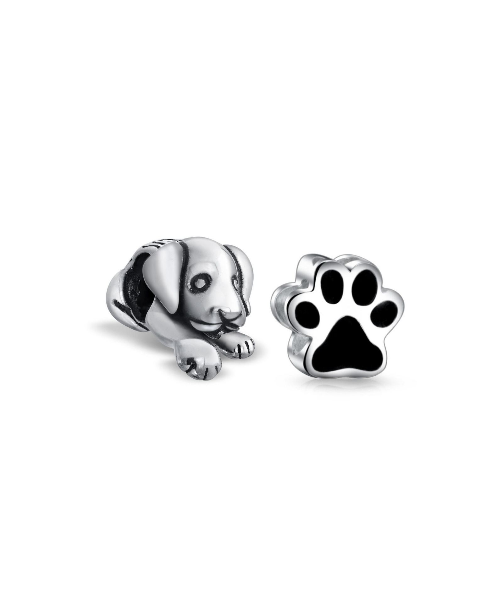 Bling Jewelry Pet Dog Black Paw Print Charm Bead for Bracelet .925 Sterling Silver 2 Set