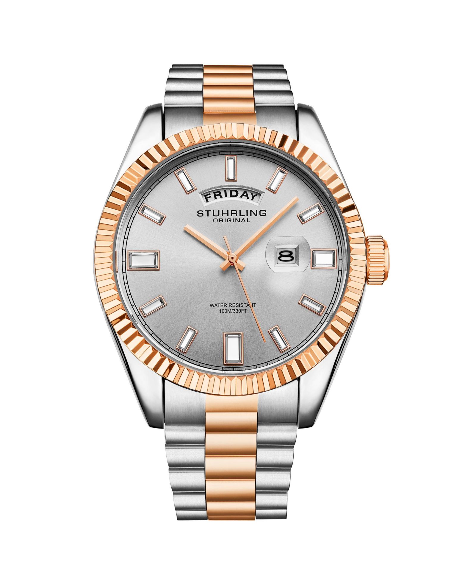 Stuhrling Statesman 4070 Men s Watch – Two-Tone Bracelet, White Dial, Day-Date Quartz, 42mm Fluted Bezel