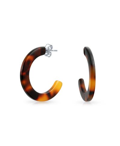 Bling Jewelry Fashion Brown Faux Tortoise-Shell Hoop Stud Earrings 1" Stainless Steel
