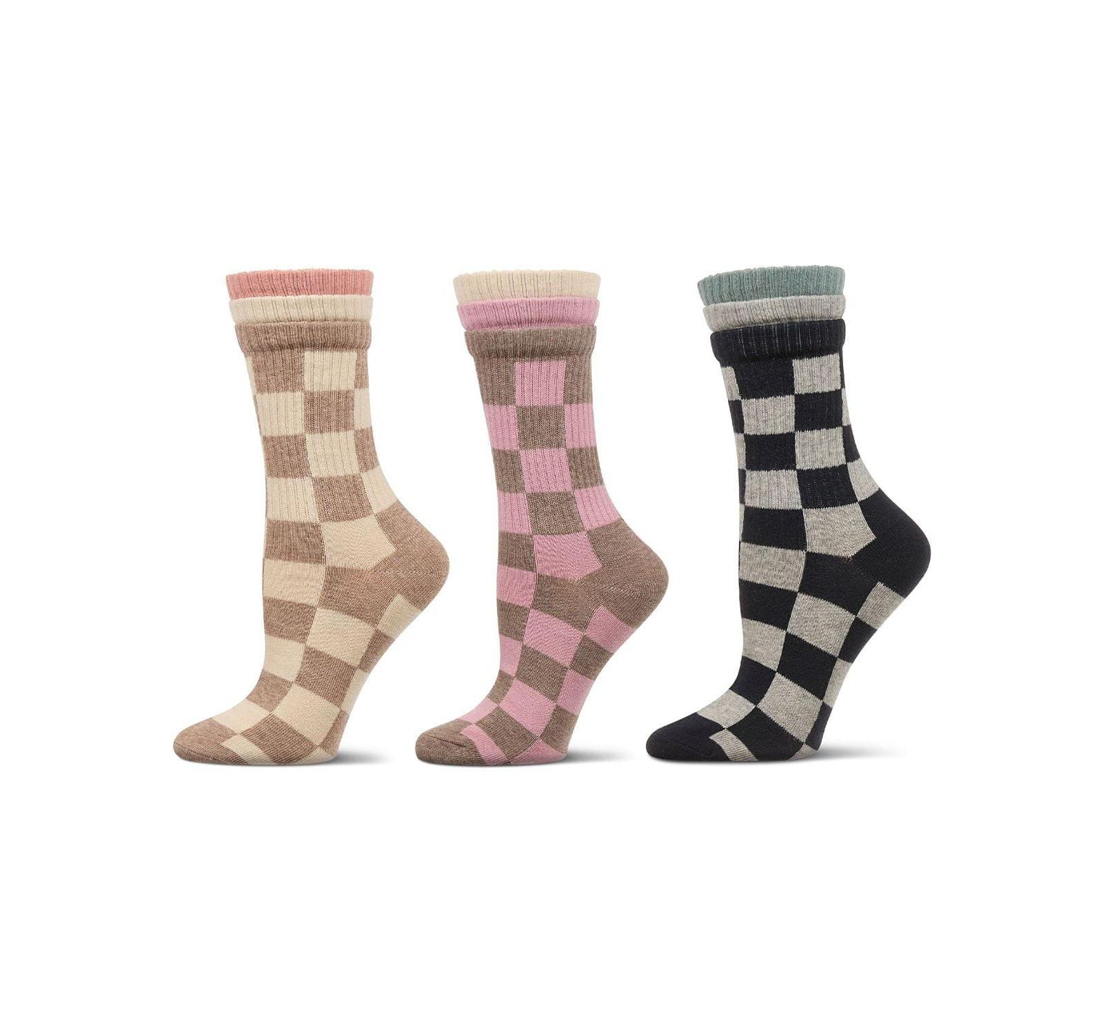 MeMoi Women's 3 Pair Pack Checkmate Triple Cuff Crew Socks