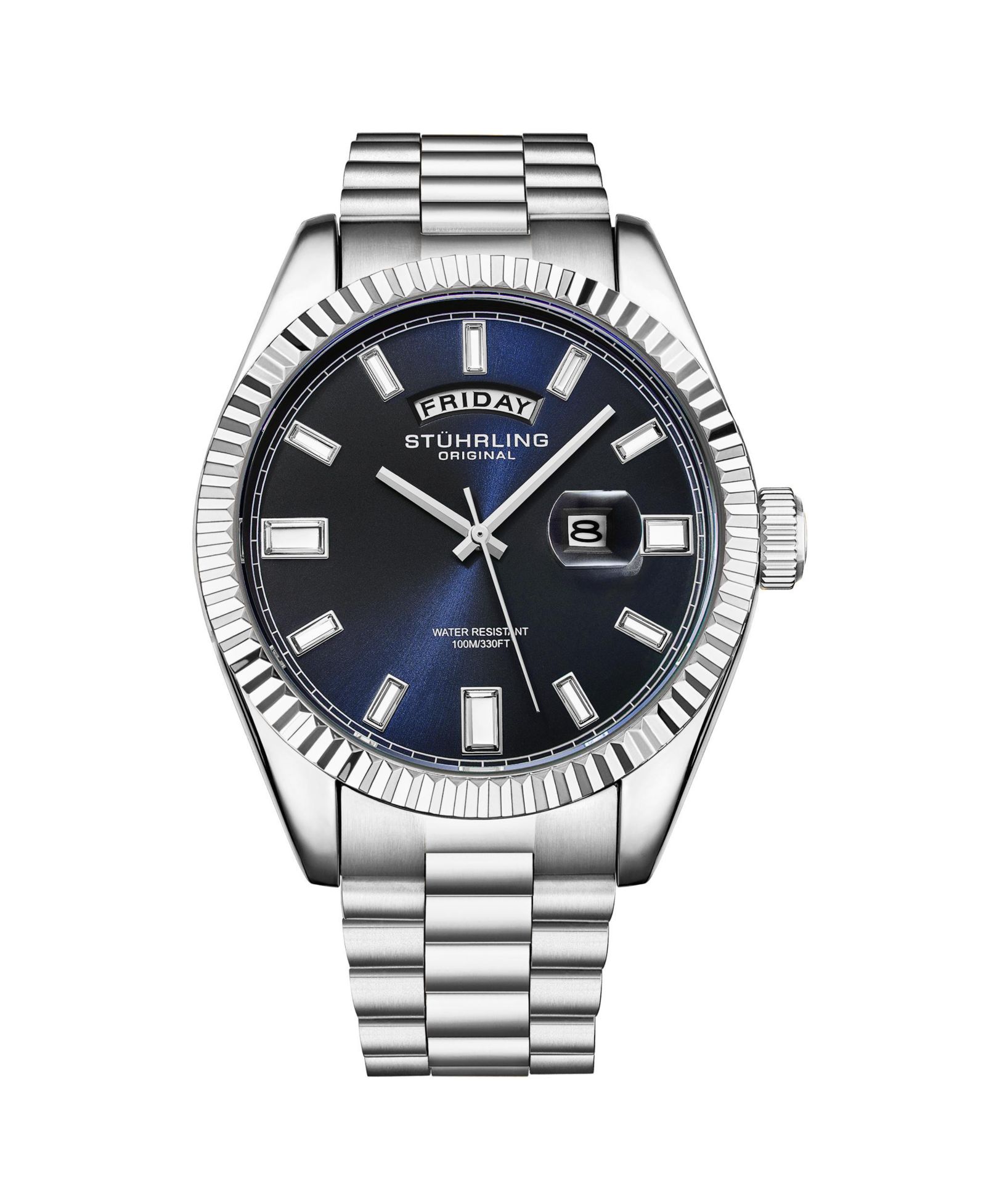 Мужские часы Stuhrling Statesman 4070, стальной браслет, синий циферблат, Quartz, 42mm Fluted Bezel