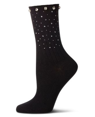 MeMoi Women's Ribbed Rhinestone Studded Cotton Rich Crew Sock