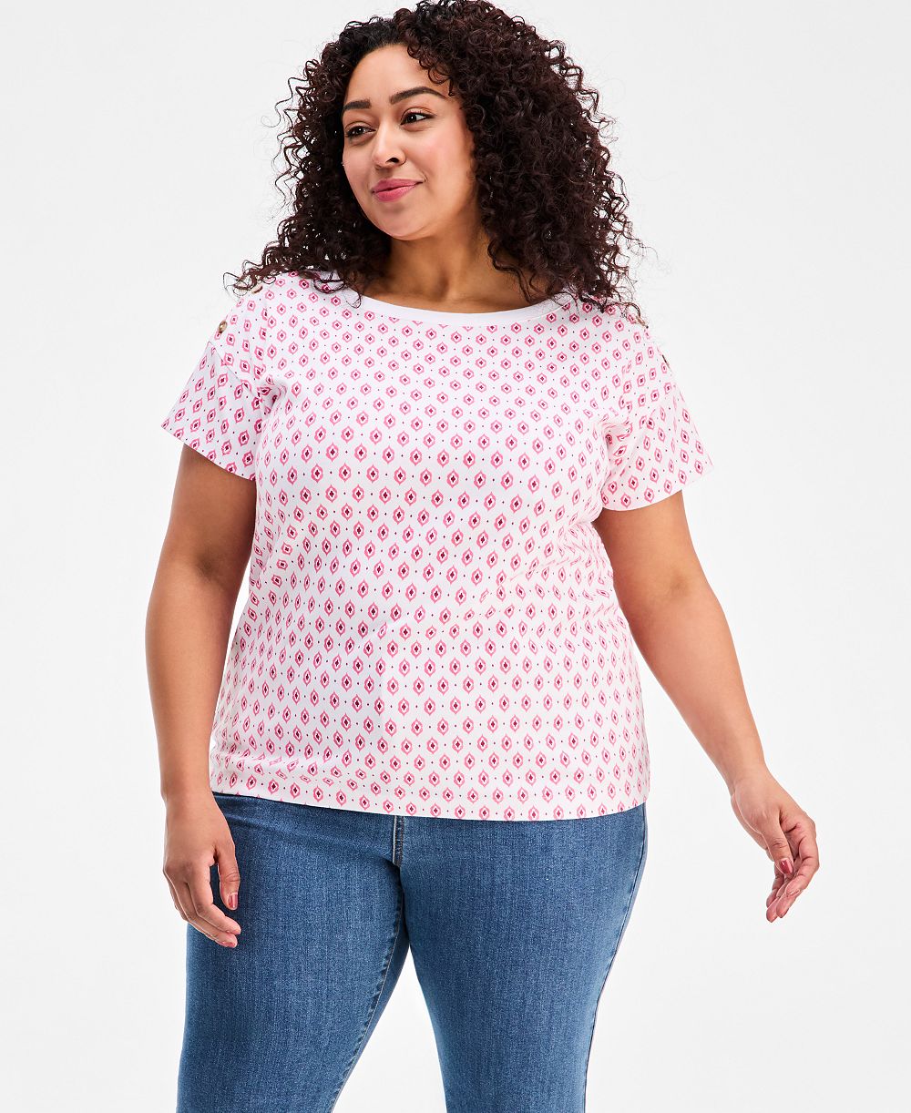 Style & Co Plus Size Топ из хлопка Pima с принтом и пуговицами на плече