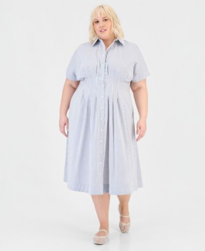 On 34th Trendy Plus Size Pinstriped Pleated-Waist Midi Shirtdress, Macy's Exclusive