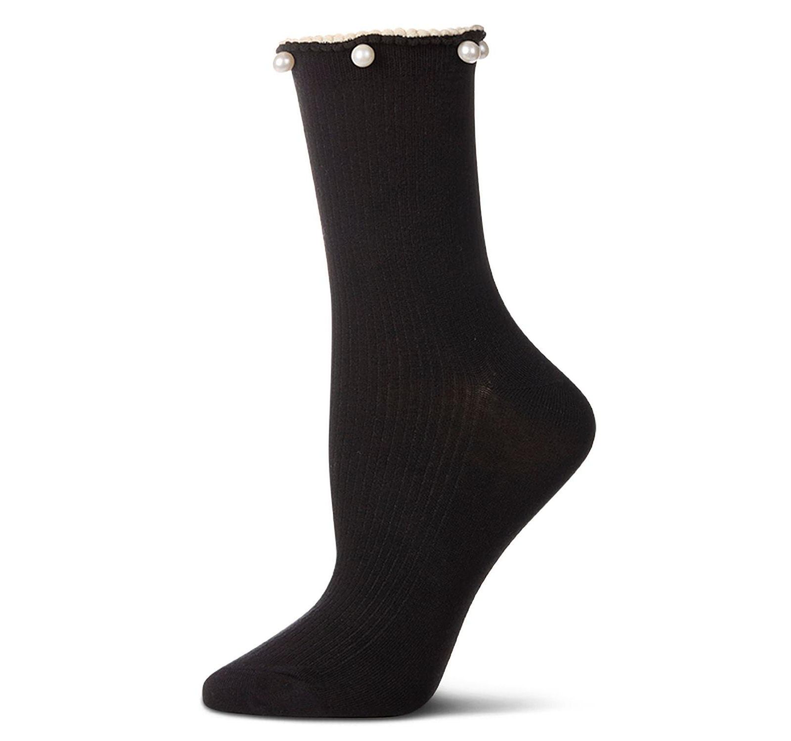 MeMoi Women's Cotton Rich Faux Pearl Trimmed Lettuce Edge Ankle Sock