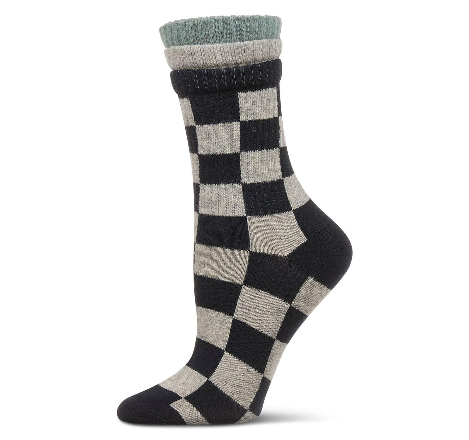 MeMoi Women's Checkmate Triple Cuff Crew Socks