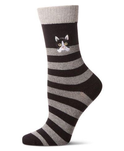 MeMoi Women's "Just Hanging" Striped Embroidered Cotton Rich Novelty Crew Socks