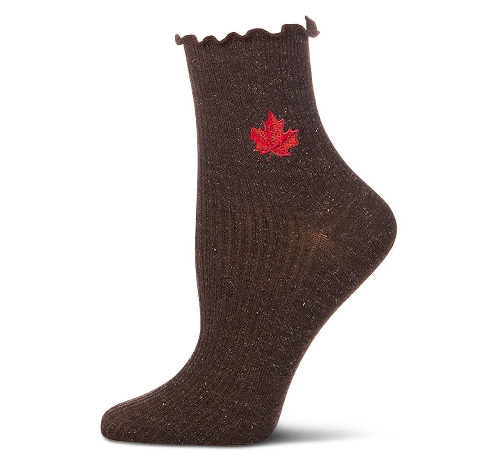MeMoi Women's Sparkly Ribbed Lettuce Edge Embroidered Leaf Crew Sock