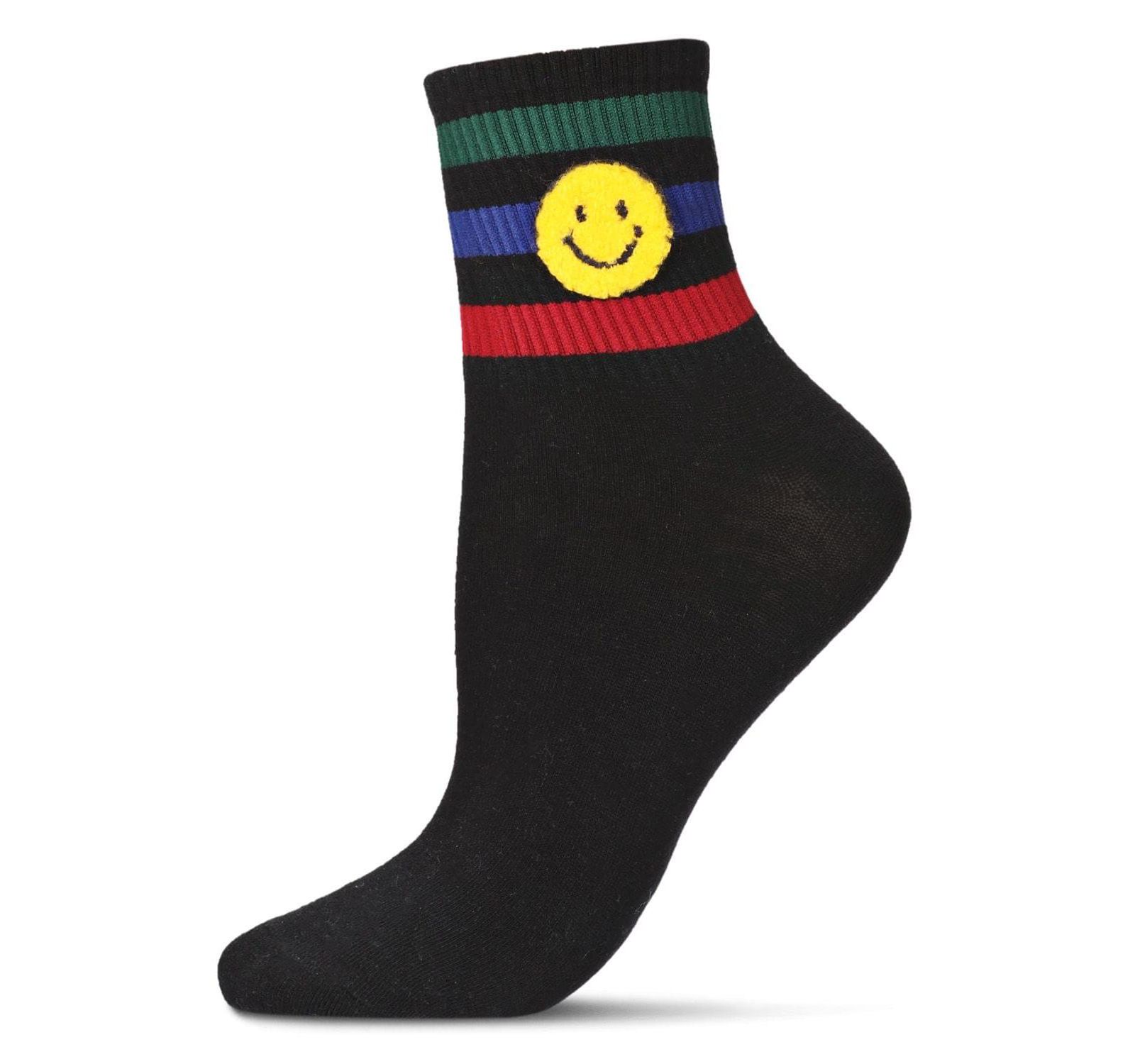 MeMoi Women's Smiley Terry Patch Stripe Crew Socks