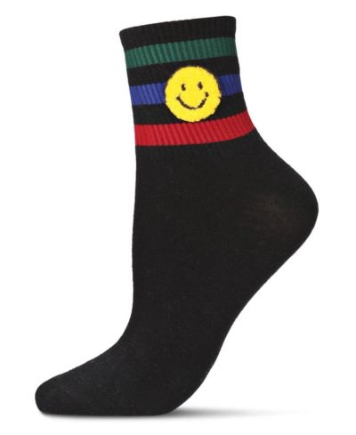 MeMoi Women's Smiley Terry Patch Stripe Crew Socks