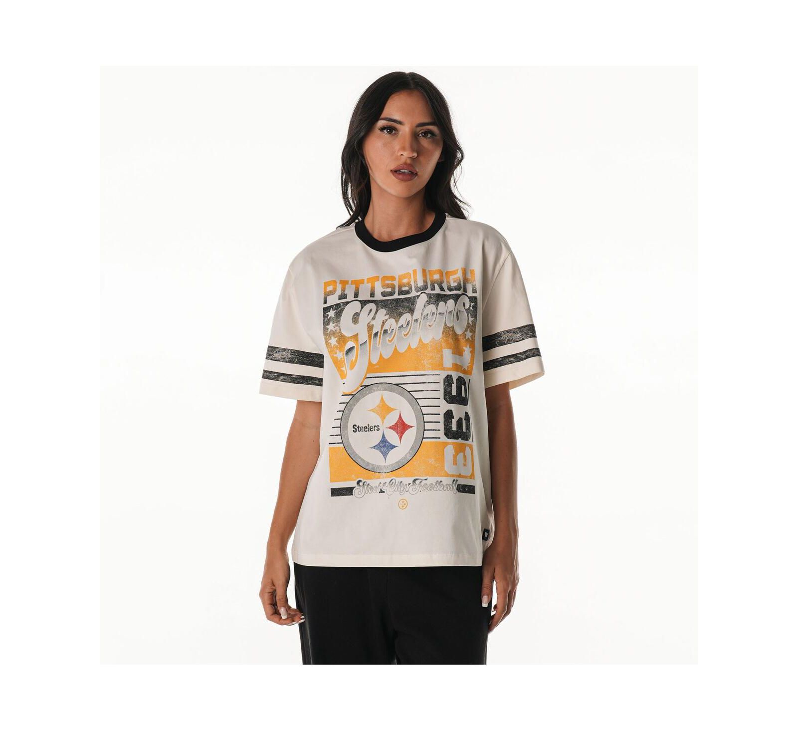 The Wild Collective Women's Cream Pittsburgh Steelers Vintage Drop Shoulder Oversized Boyfriend T-Shirt