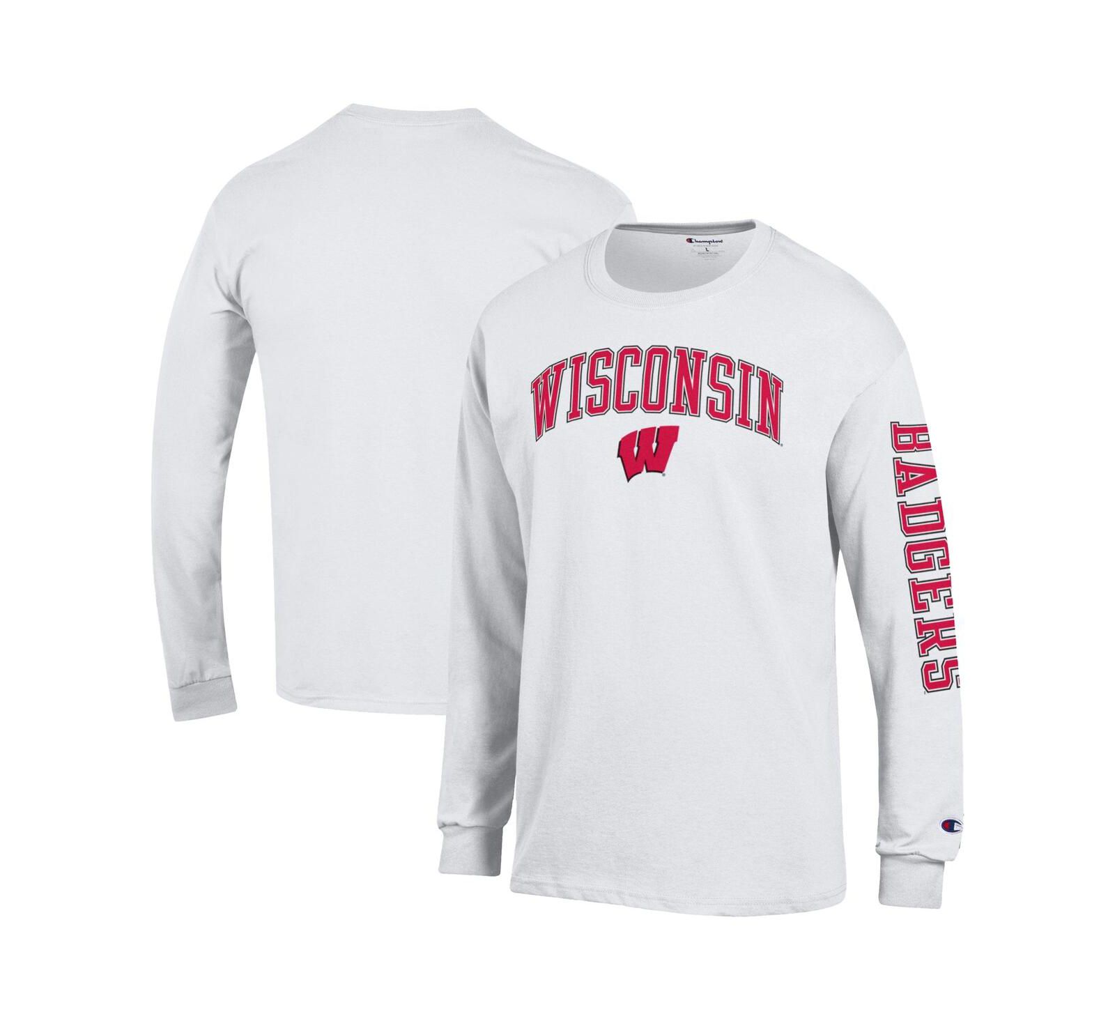 Champion Мужская футболка с длинным рукавом, белый логотип Wisconsin Badgers