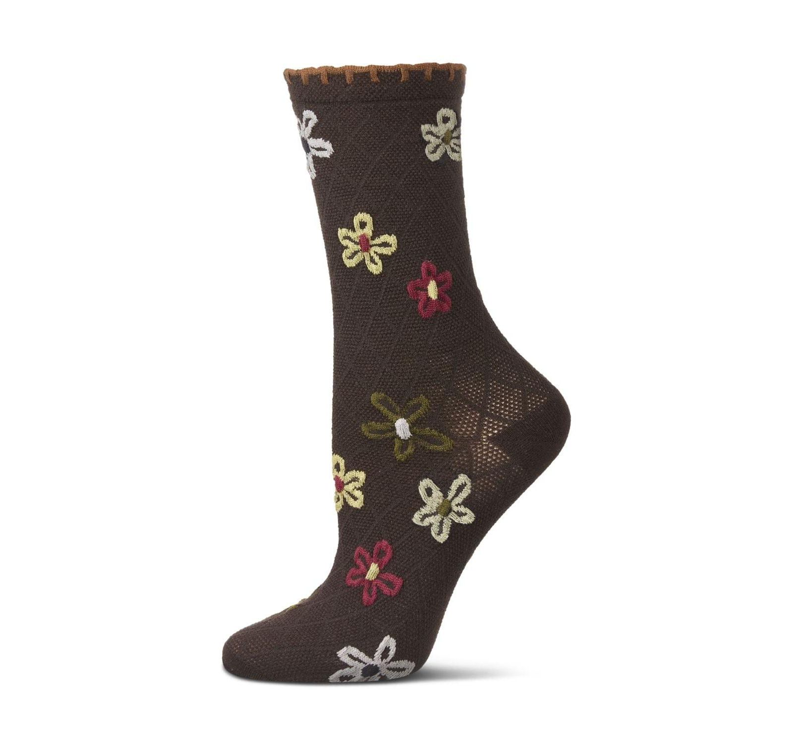 MeMoi Women's Dancing Daisies Crochet Cuff Crew Socks