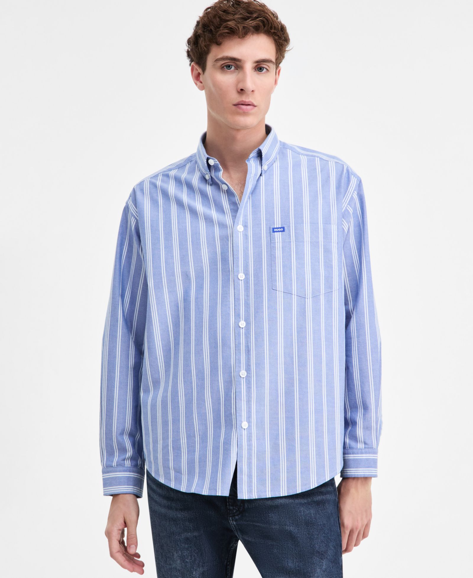 HUGO by Hugo Boss Men's Ebill Cotton Long-Sleeve Striped Oxford Shirt