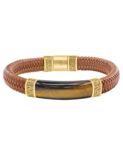 EFFY Collection Men's Tigers Eye (27-3/8 ct. t.w.) Bracelet in Brown Leather with 18k Gold Over Silver