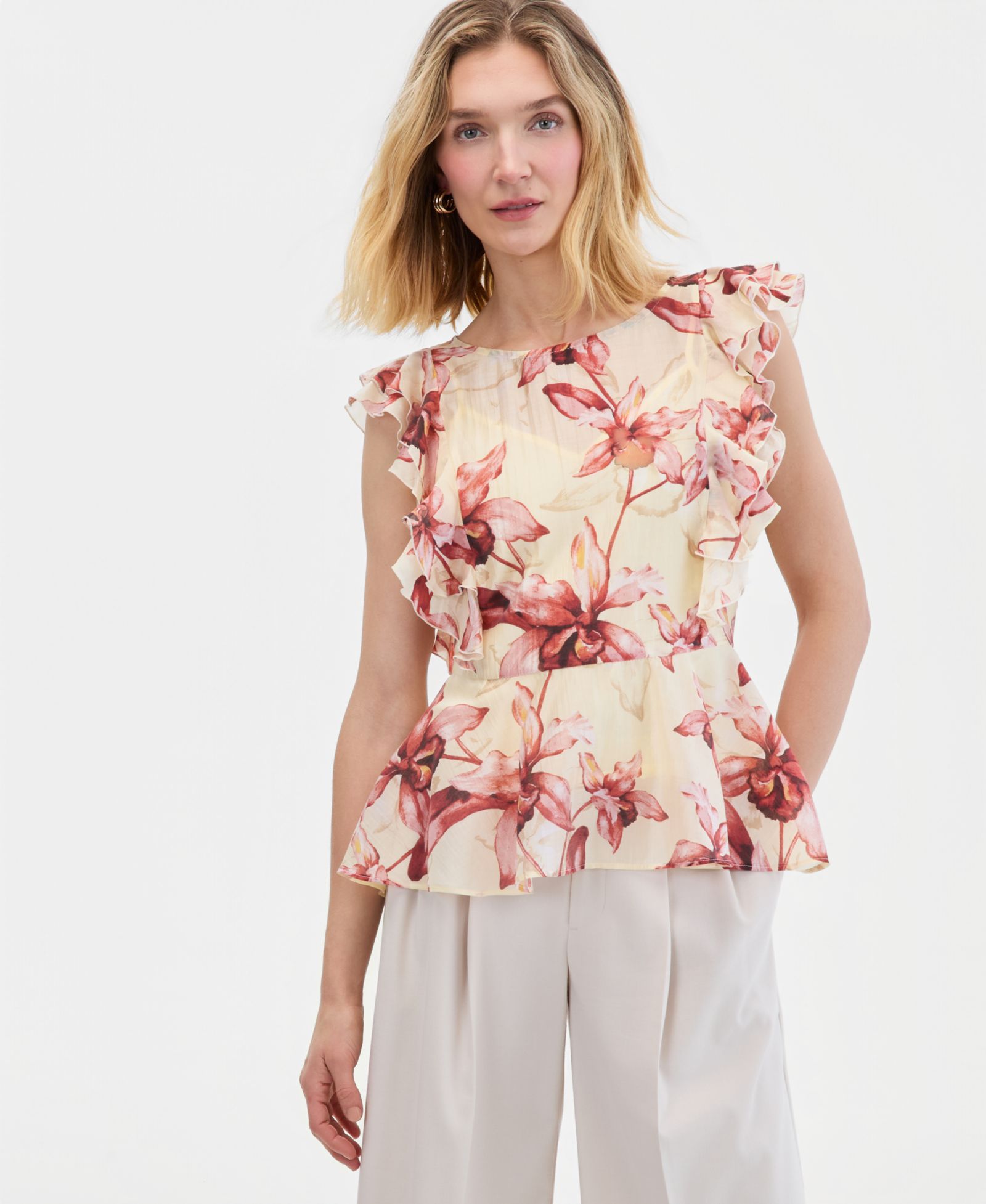 I.N.C. International Concepts Women's Printed Ruffle-Sleeve Peplum Blouse, Macy's Exclusive
