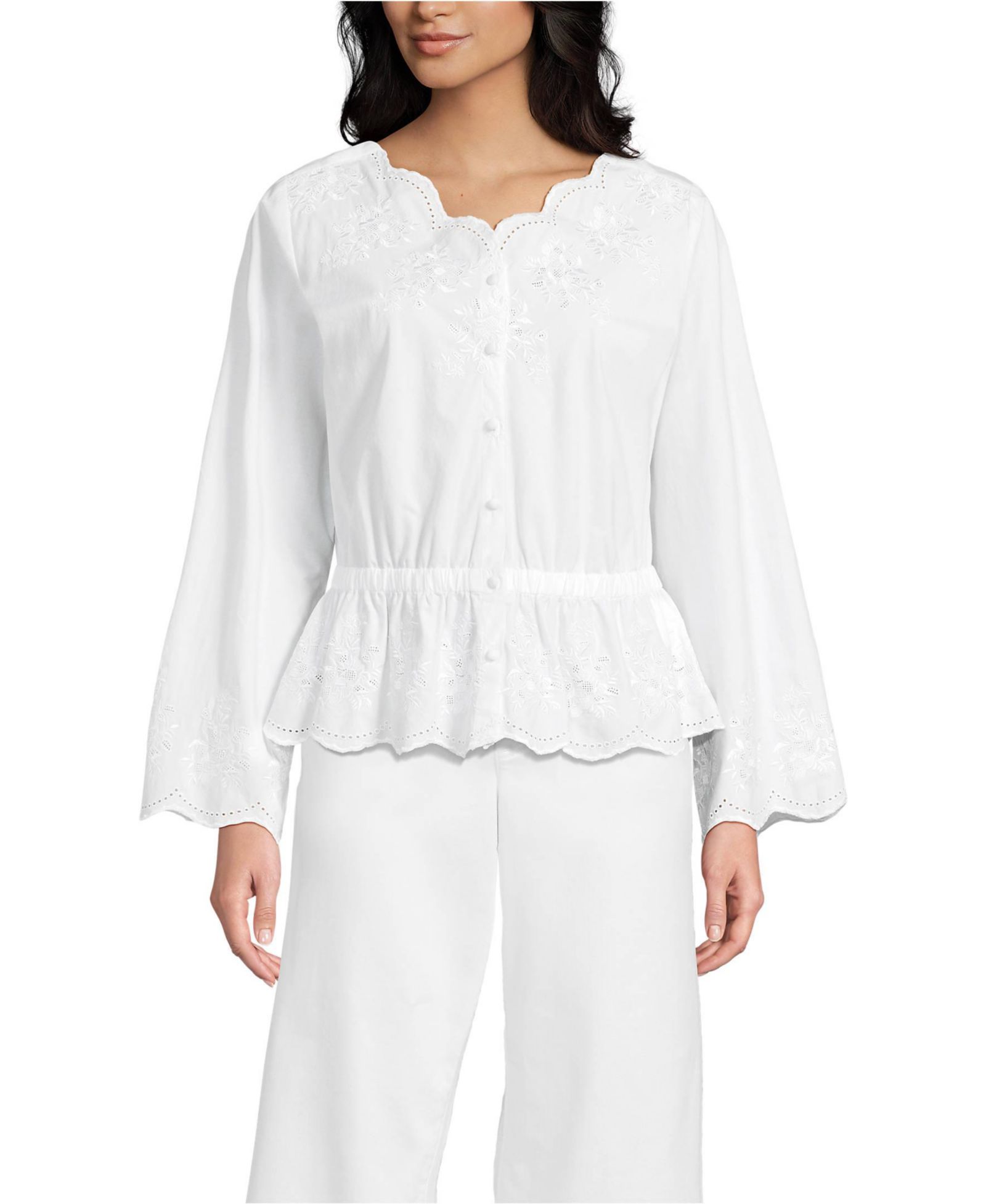 Lands' End Women's Embroidered Poplin Long Sleeve Blouse