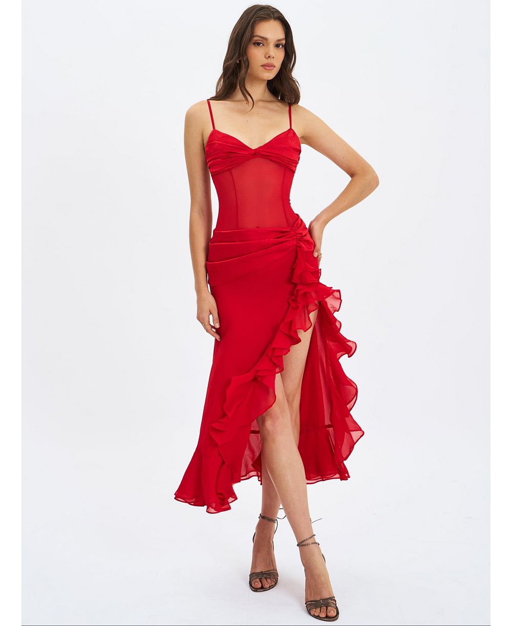 Miss Circle Women's Dahlina Red Ruched Waist High Slit Maxi Dress